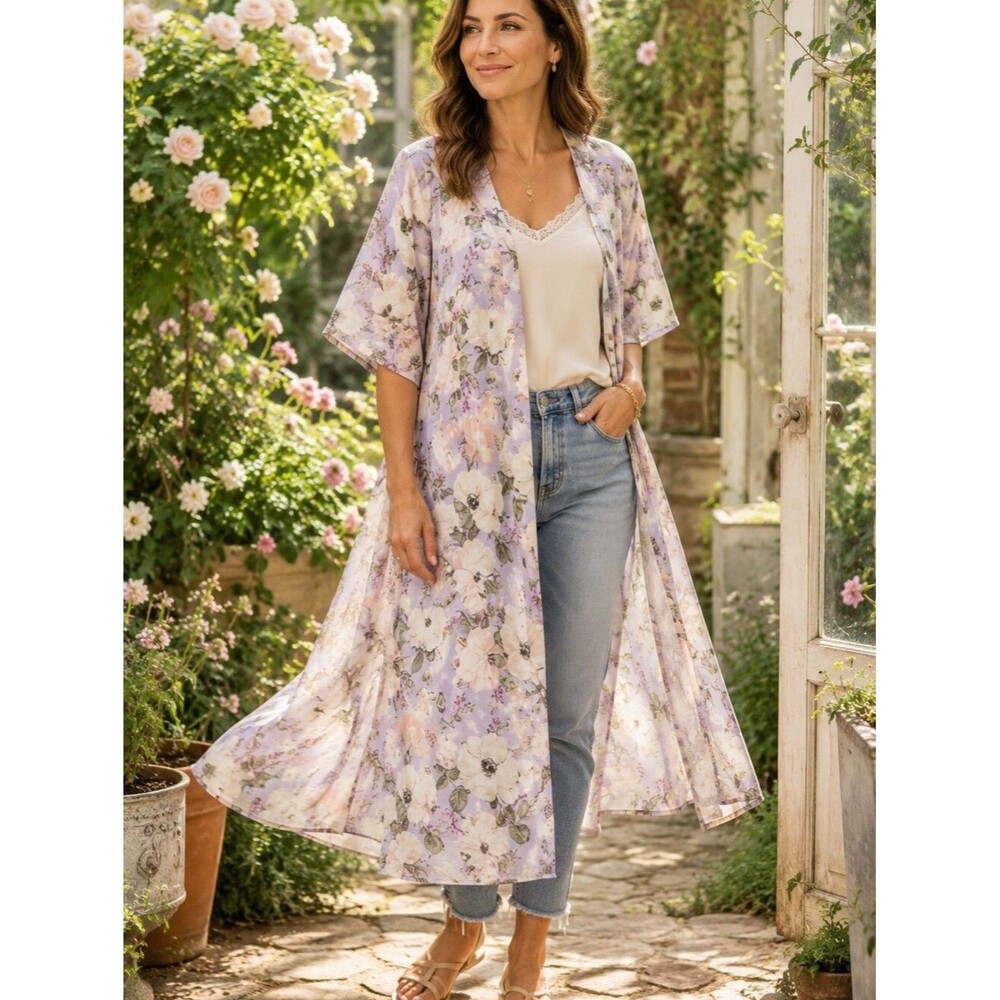 Steve Madden Floral Long Kimono OS Lightweight Sheer Duster Cardigan Romant